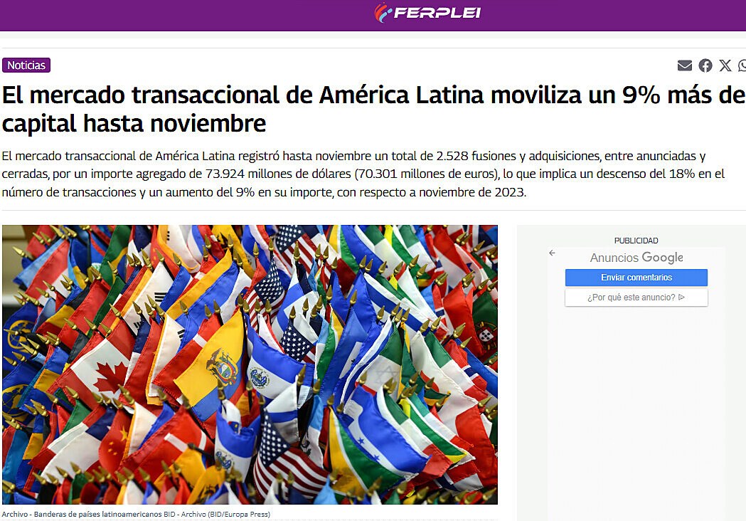 El mercado transaccional de Amrica Latina moviliza un 9% ms de capital hasta noviembre